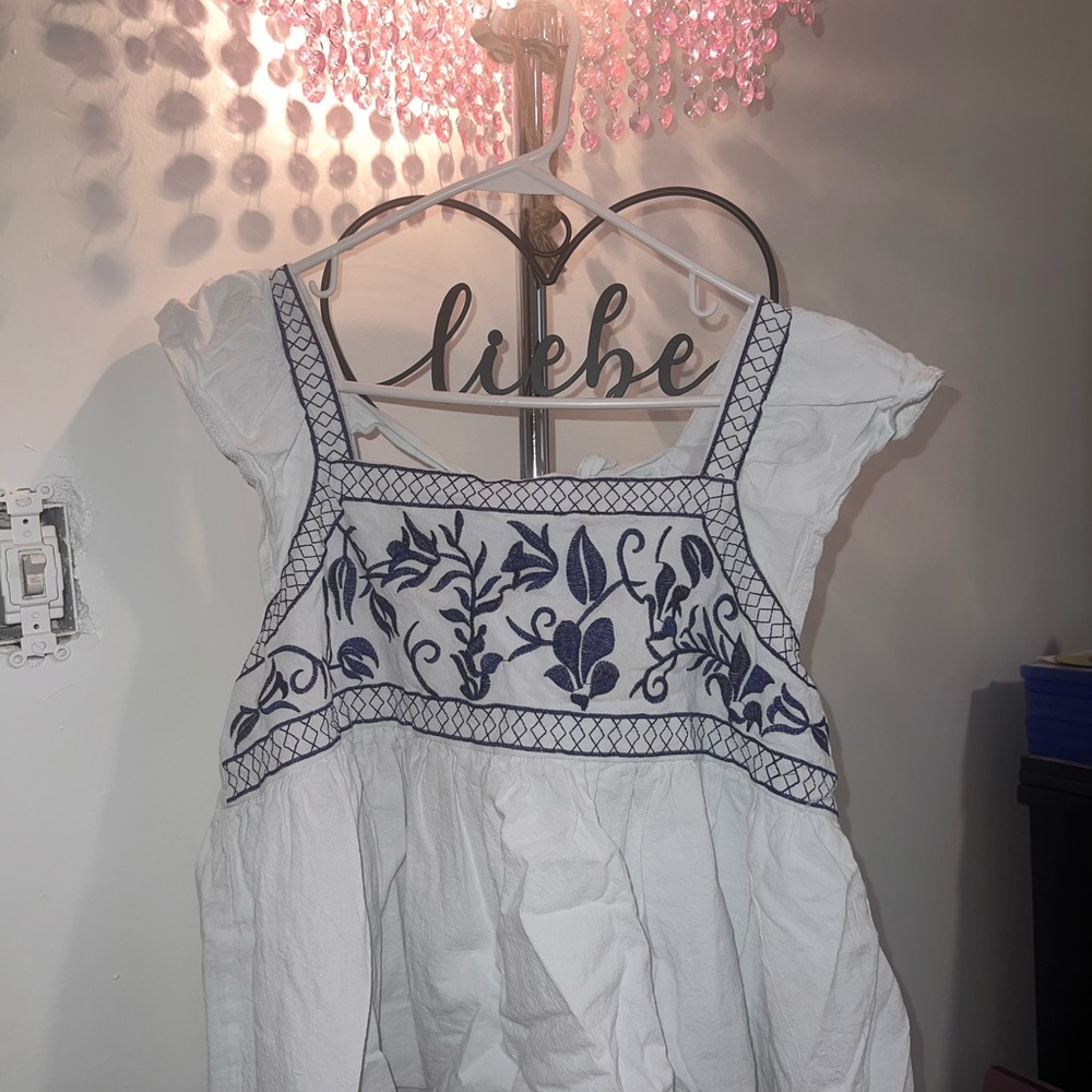 White Dress with Blue Embroidery